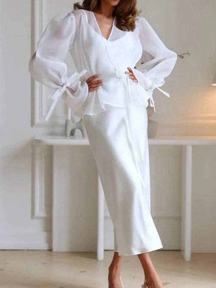 Chiffon Shirt Satin Skirt Suit