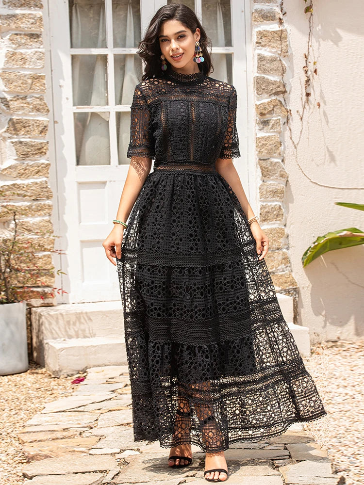 Hollow out Embroidery Black Dress