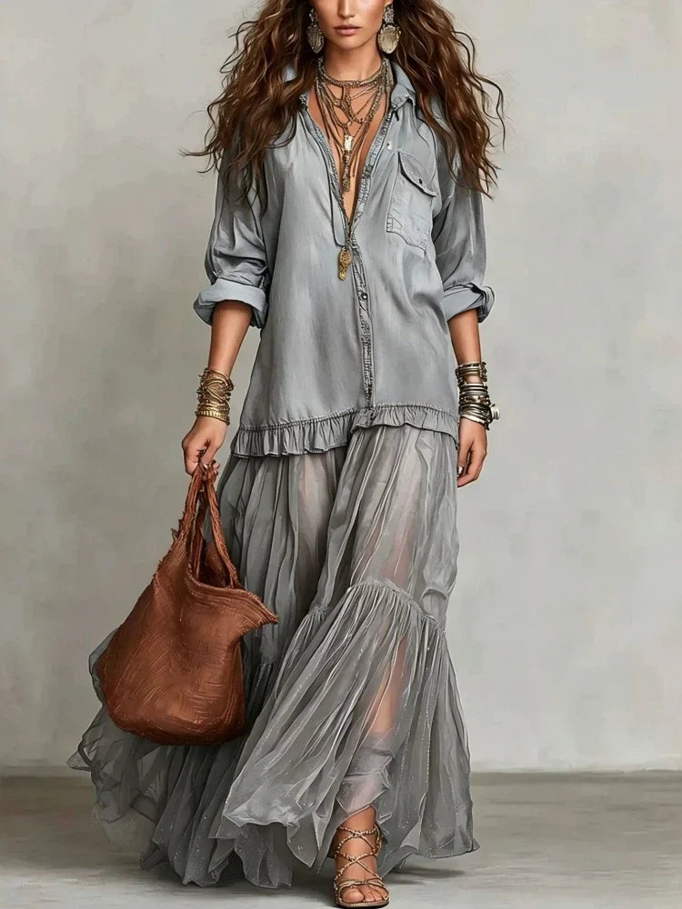 Denim Mesh Maxi Dress