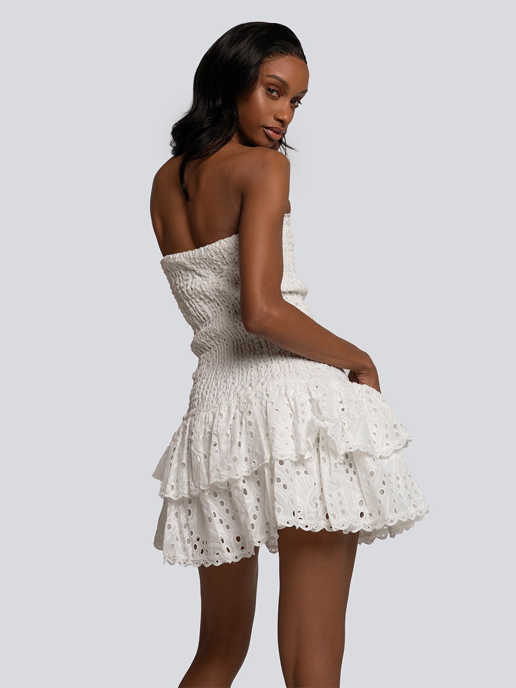 Rhiannon Eyelet Lace Ruffle Strapless Mini Dress