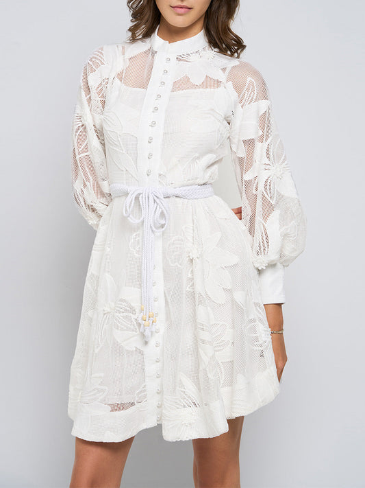 Tessie Mesh Applique Buttoned Mini Dress