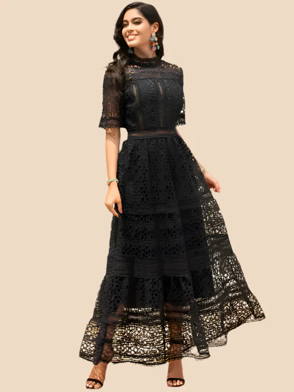Hollow out Embroidery Black Dress