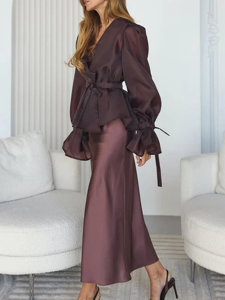 Chiffon Shirt Satin Skirt Suit