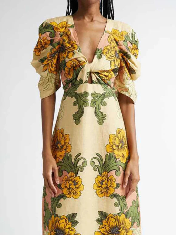 V Neck Puff Sleeve Dress