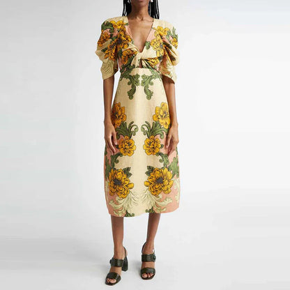 V Neck Puff Sleeve Dress