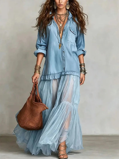 Denim Mesh Maxi Dress