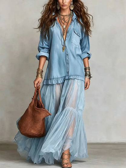 Denim Mesh Maxi Dress
