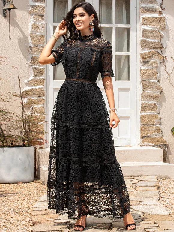 Hollow out Embroidery Black Dress