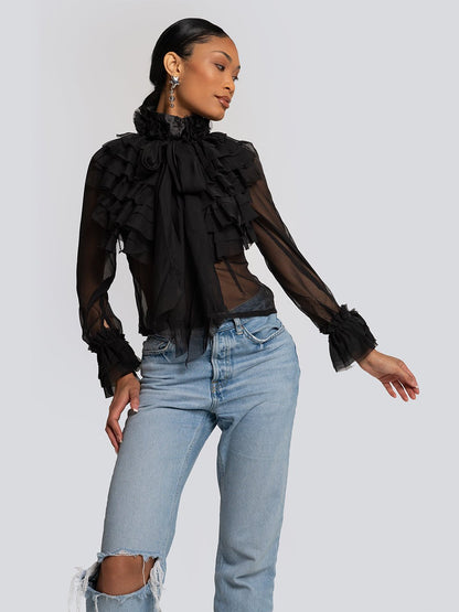 Addison Sheer Ruffle Cascade High Neck Blouse