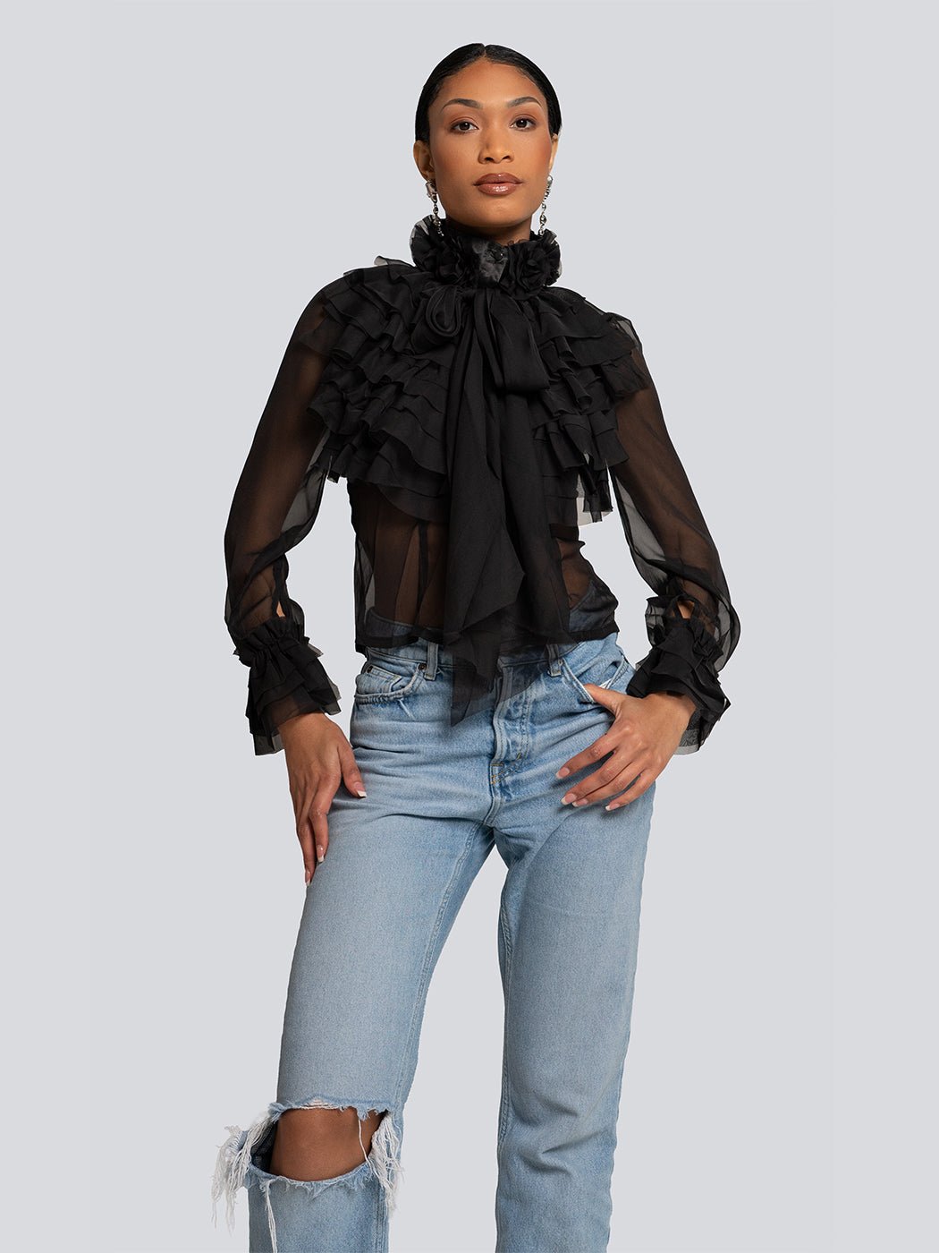 Addison Sheer Ruffle Cascade High Neck Blouse