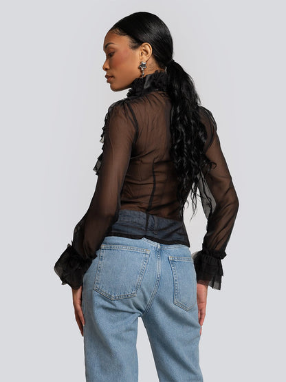 Addison Sheer Ruffle Cascade High Neck Blouse