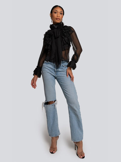 Addison Sheer Ruffle Cascade High Neck Blouse