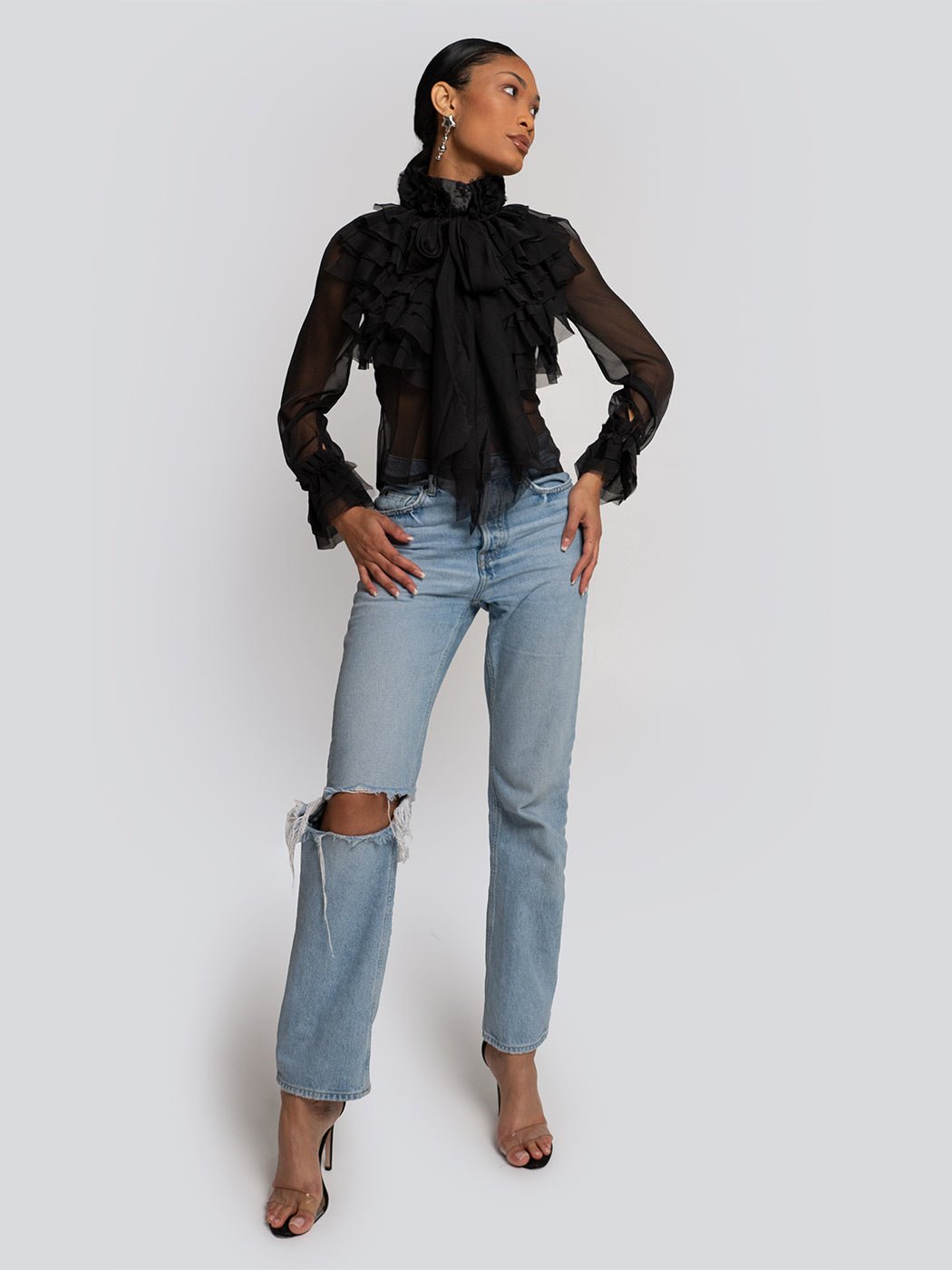 Addison Sheer Ruffle Cascade High Neck Blouse