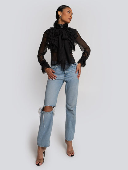 Addison Sheer Ruffle Cascade High Neck Blouse