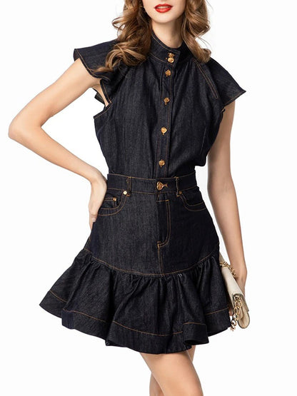 Ashley Buttoned Denim Top & Skirt Set