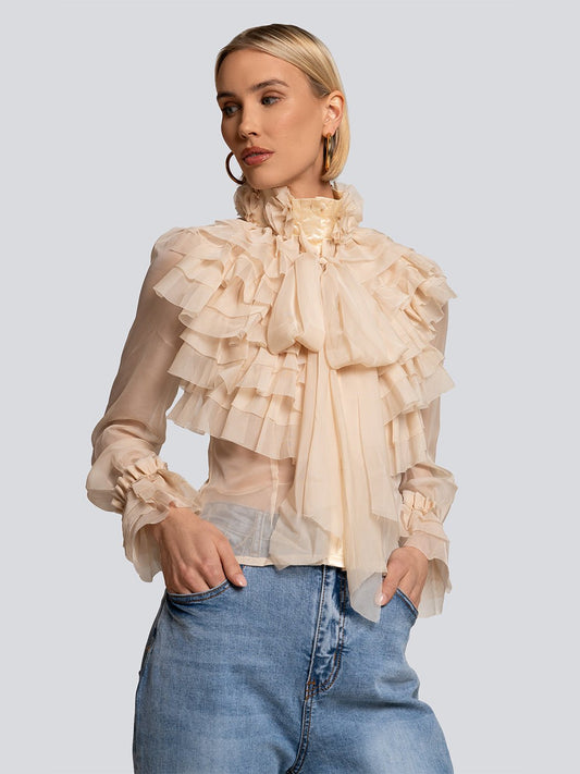 Bethany Floral Applique Sheer Ruffle Blouse