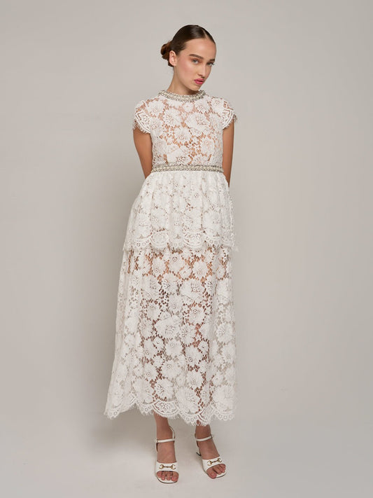 Calliope Short-Sleeve Beaded Lace Midi Dress in White