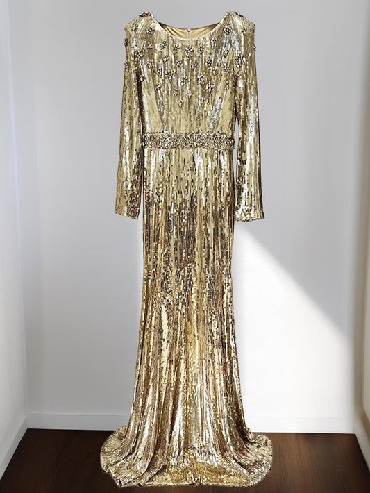 Camille Pleated Sequin Belted Gown