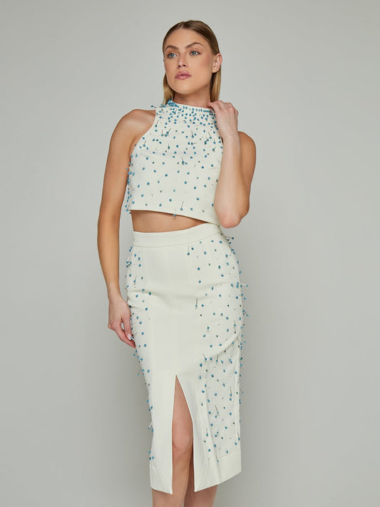 Cilla Pin Embellished Crop Top & Midi Skirt Set
