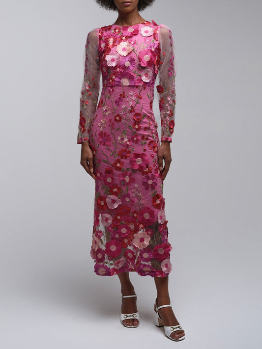 Dahlia Lace Floral Mesh Midi Dress