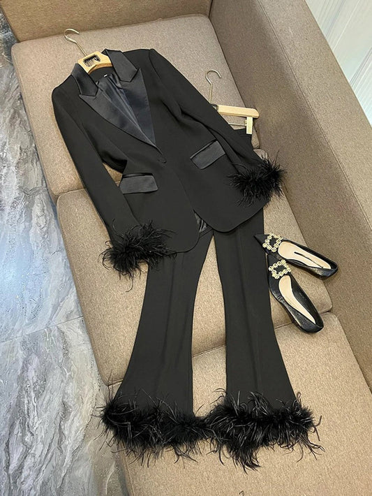 Dezire Feather-Trim Satin Blazer & Pant Set | Cora Bellune - image 1