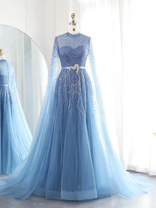 Elara Beaded Cape Evening Gown Dusty