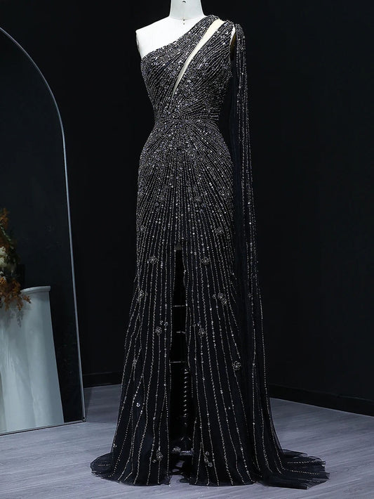 Elena One Shoulder Beaded Evening Gown