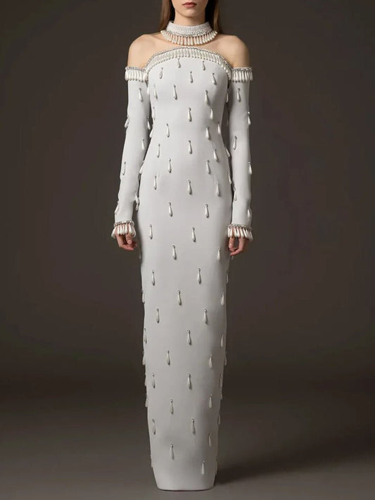 Elise Beaded Off-Shoulder Mesh Maxi Dress