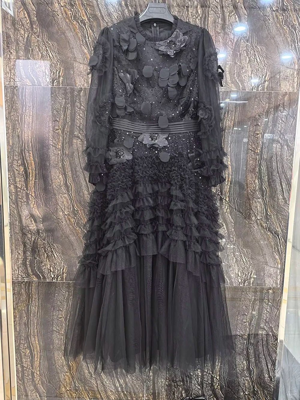 Eva Ruffled Mesh Midi Dress