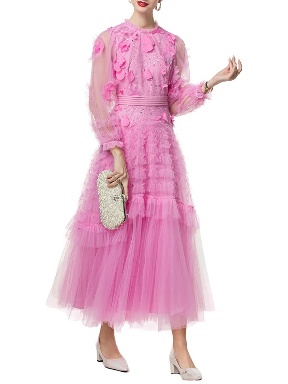 Eva Ruffled Mesh Midi Dress