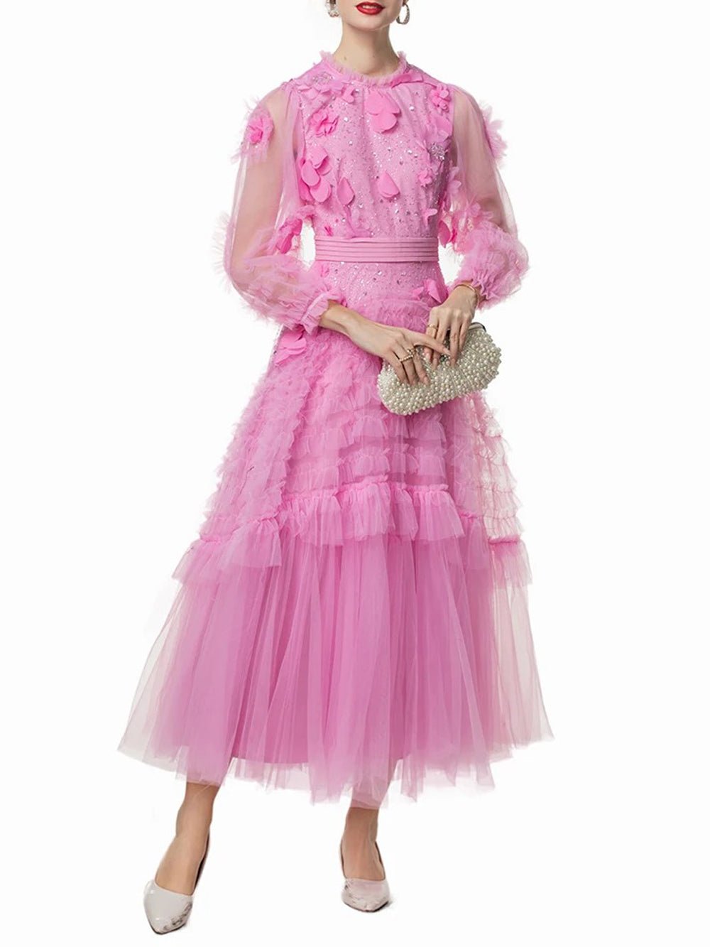 Eva Ruffled Mesh Midi Dress