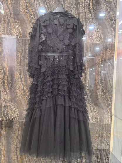 Eva Ruffled Mesh Midi Dress
