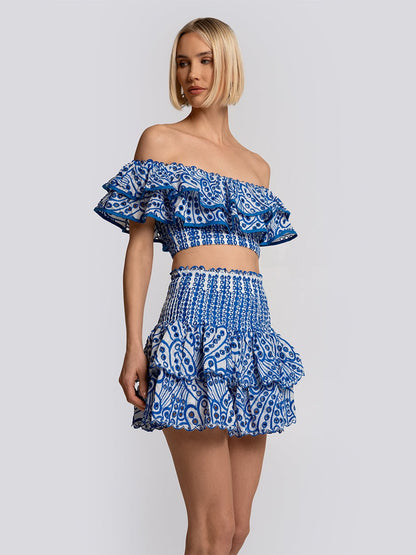 Grace Patterned Off-Shoulder Ruffle Top & Mini Skirt Set