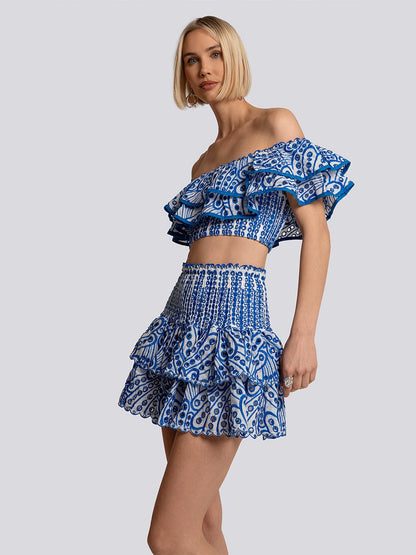 Grace Patterned Off-Shoulder Ruffle Top & Mini Skirt Set