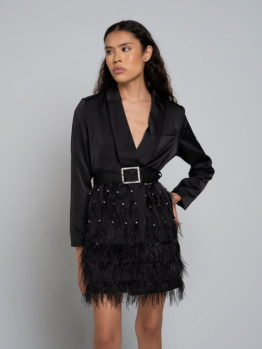 Jacqueline Belted Feathered Mini Dress