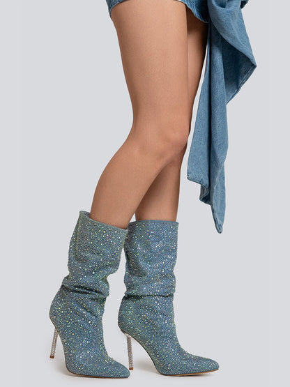 Kayla Rhinestone Embellished Stiletto Denim Mid Calf Boots