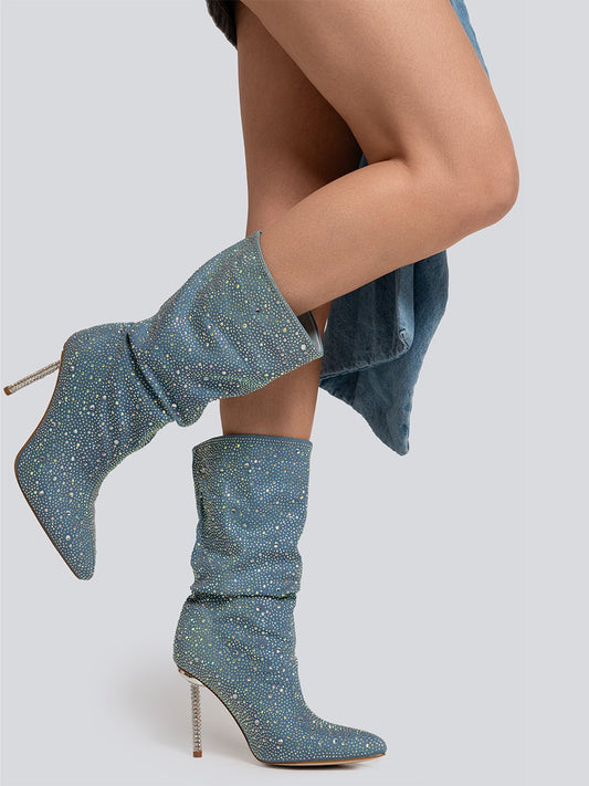 Kayla Rhinestone Embellished Stiletto Denim Mid Calf Boots