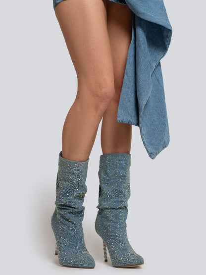 Kayla Rhinestone Embellished Stiletto Denim Mid Calf Boots
