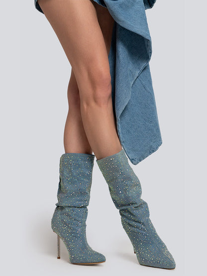 Kayla Rhinestone Embellished Stiletto Denim Mid Calf Boots