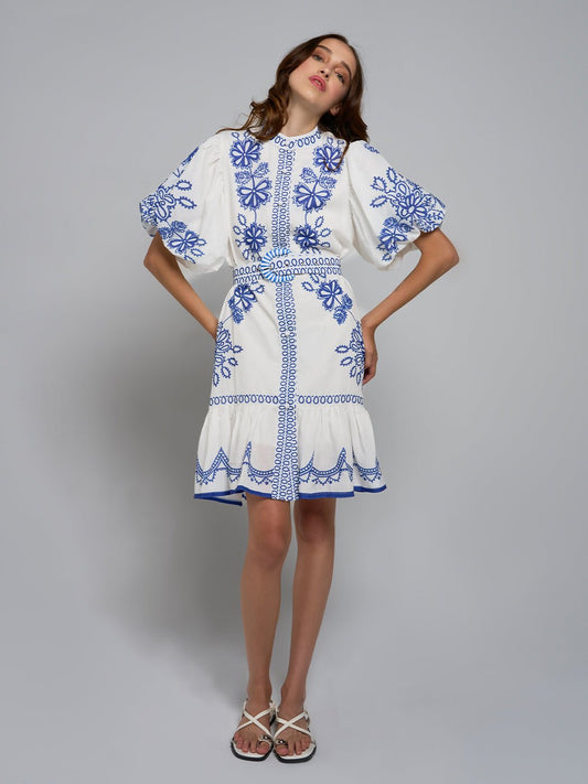 Mirca Embroidered Puff-Sleeve Mini Dress