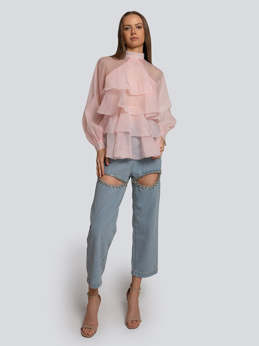 Naomi Cascading Sheer Ruffle High Neck Top