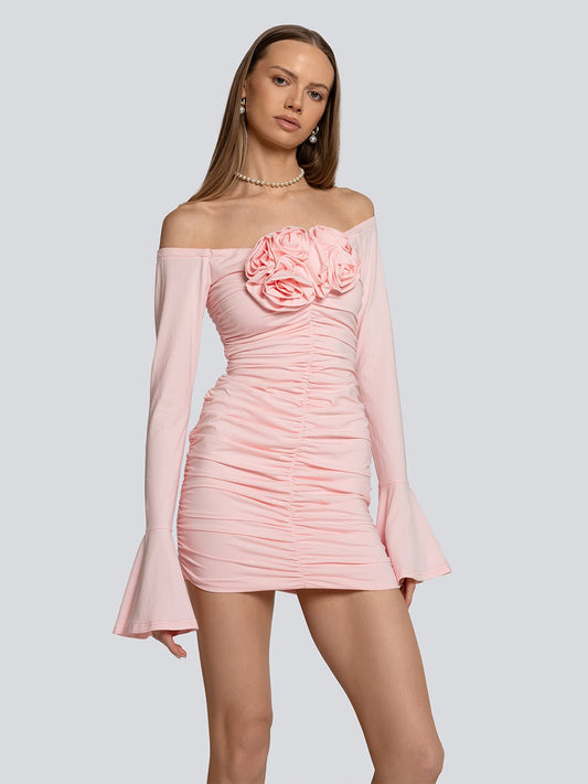 Ophelia Rose Applique Long Sleeve Ruched Mini Dress
