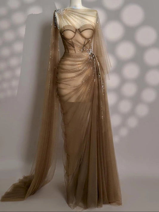 Serena Crystal Ruched Mesh Gown