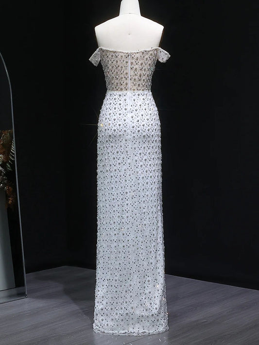 Sofia Off-Shoulder Beaded Evening Gown Pearl Snow