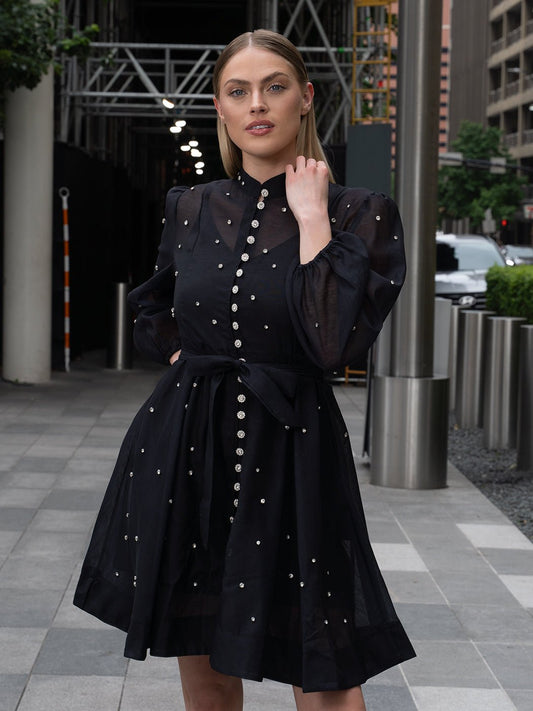 Sorelina Lantern Sleeve Rhinestone Mini Dress