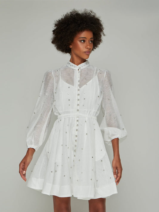 Sorelina Lantern Sleeve Rhinestone Mini Dress