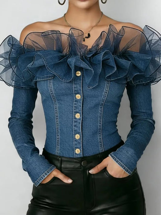 Talia Tulle Ruffle Denim Blouse | Cora Bellune - image 1