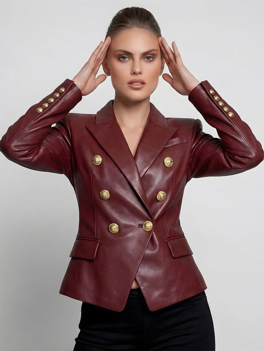 Valentina Bordeaux Leather Double-Breasted Blazer
