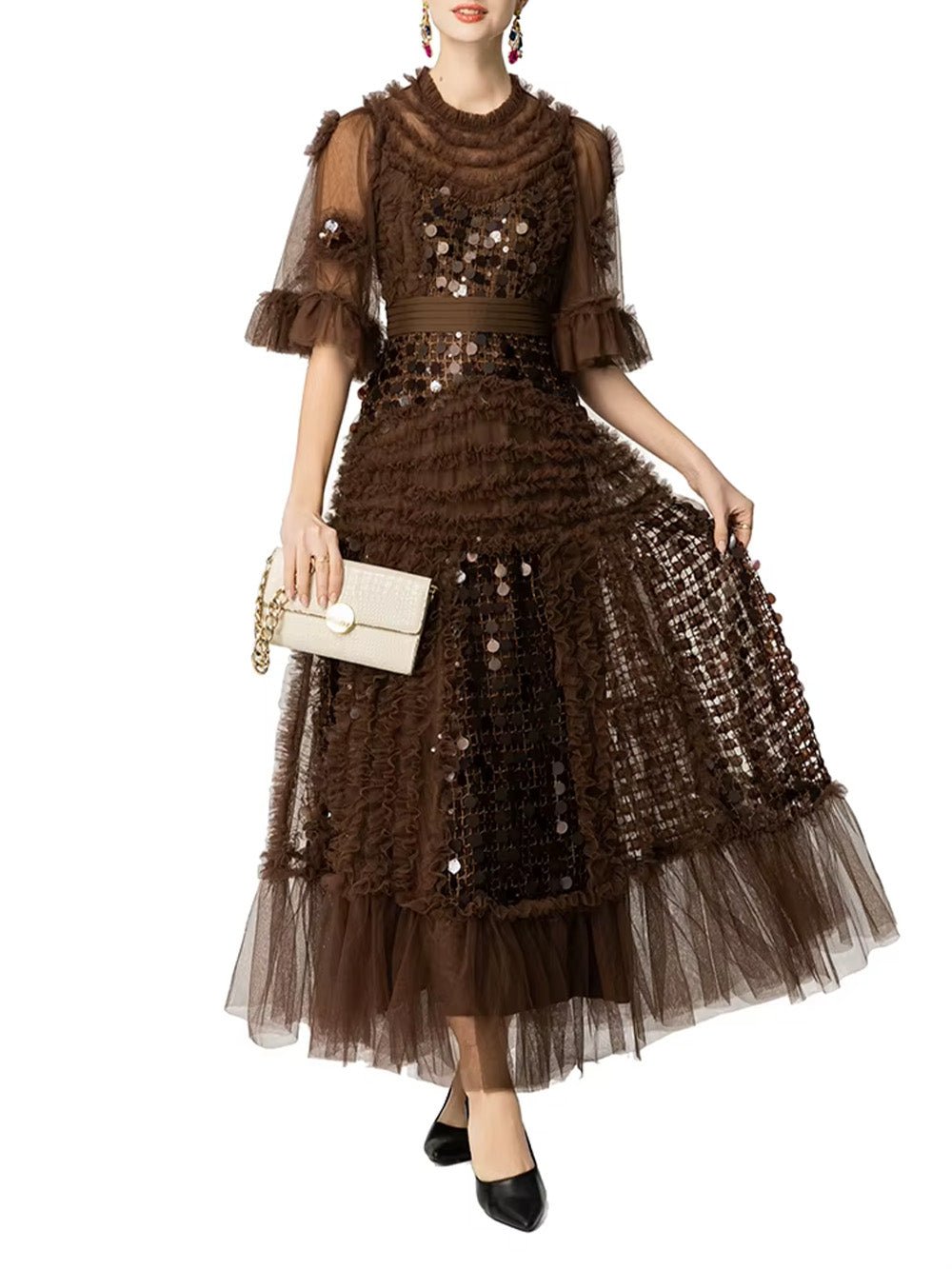 Valentina Ruffled Sequin Midi Dress