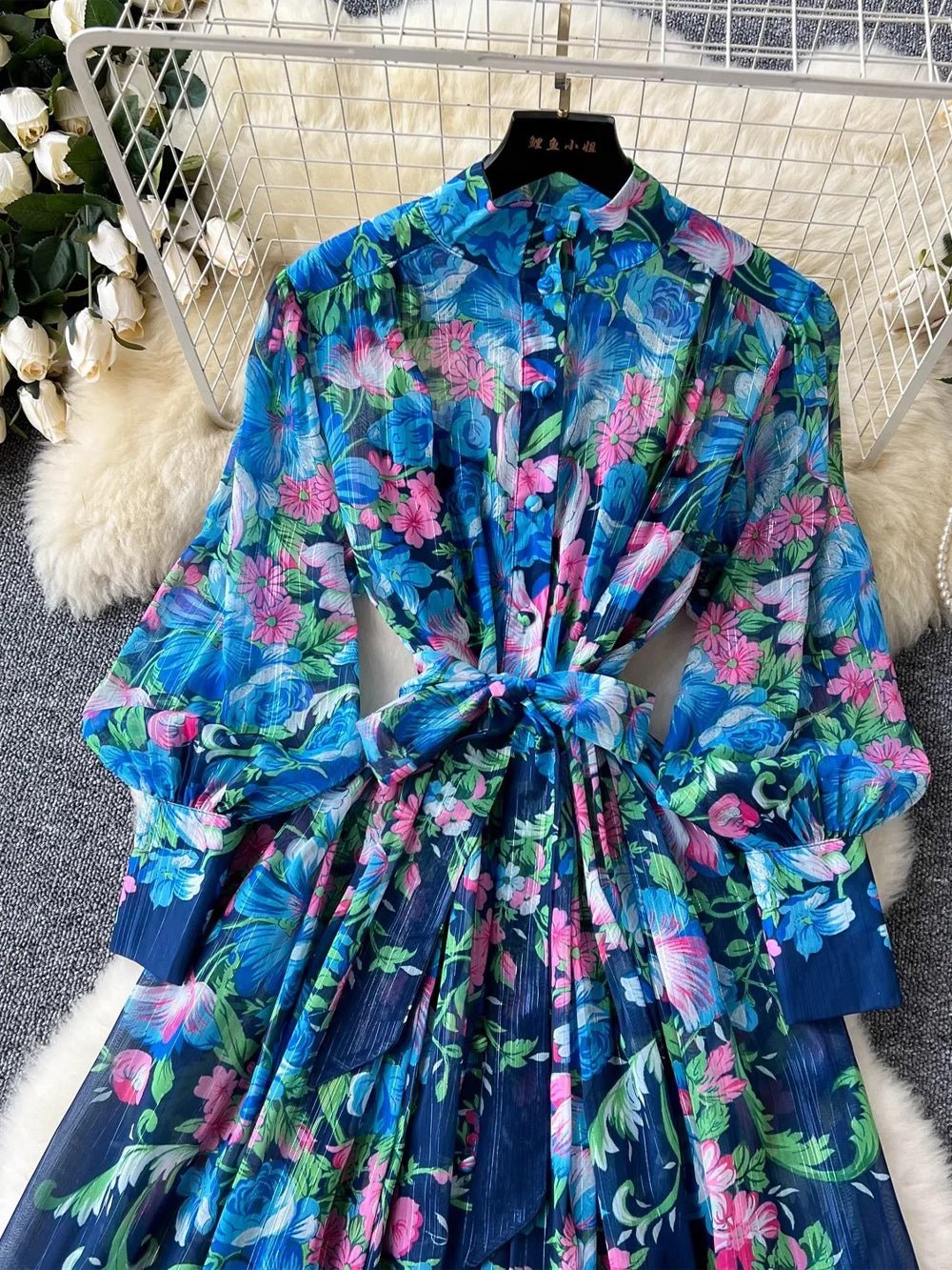 Victoria Chiffon Lantern Sleeve Midi Dress